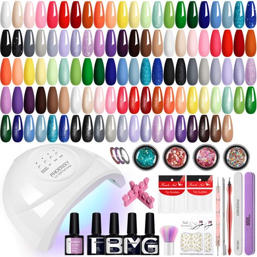 PHOENIXY Gel Nail Polish Kit with U V Light, 60 Pcs Glitter Blue Nude Whie Red Black Pink Yellow Green Purple Grey Brown Gel Nail Polish Set with 48W Nail Lamp Gel Nail Kit Gifts for Women