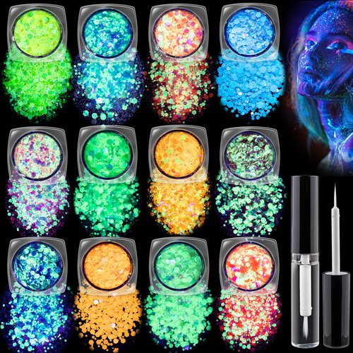 Holographic Chunky Glitter Glow in The Dark Glitter 12 Colors with Glue Set 1, Body Glitter Glow Glitter for Women Face Body Nail Hair Makeup at The Concert/Festival/Rave Party