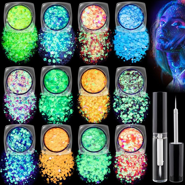 Holographic Chunky Glitter Glow in The Dark Glitter 12 Colors with Glue Set 1, Body Glitter Glow Glitter for Women Face Body Nail Hair Makeup at The Concert/Festival/Rave Party