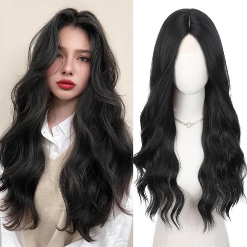 HANNE Long Wavy Black Wig Small Lace Synthetic Wig 26 Inch Natural Wavy Black Wigs for White Women(1B)