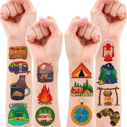 107 PCS Fire Camp Camping Temporary Tattoos Sticker Camping Birthday Party Decorations Favors Supplies Decor Gifts Boys Girls Baby Shower Cute Fake Tattoo School Prizes Carnival Themed multicolor