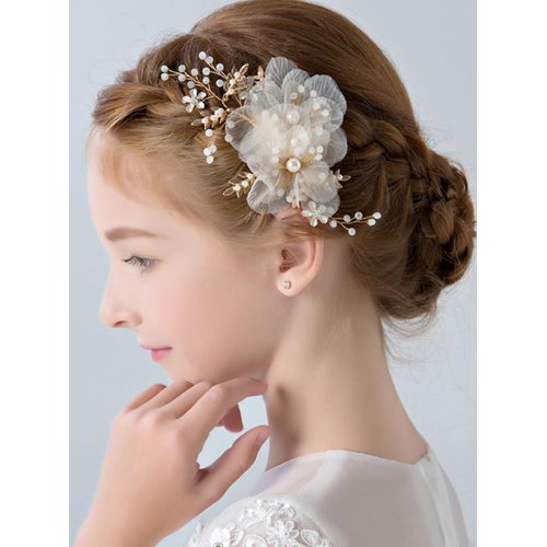 BERYUAN Flower Girls White Hair Comb with Gold Leaves, Pearls and Floral Accents for Bride, Bridesmaid, or Wedding Headpiece