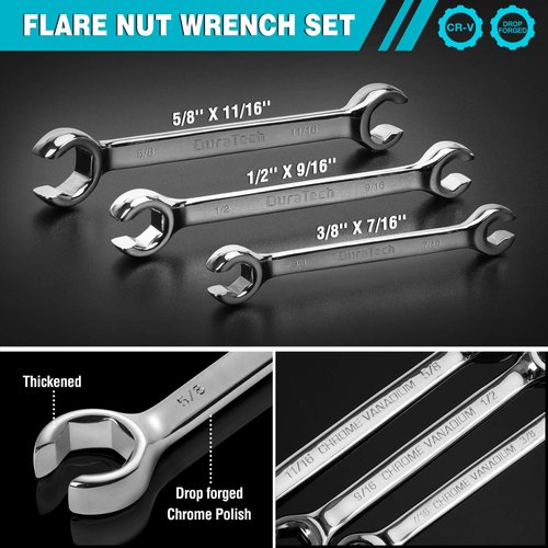 DURATECH Flare Nut Wrench Set, SAE, 3-piece, 3/8'', 7/16'', 1/2'', 9/16'', 5/8'', 11/16'', CR-V Steel, Organizer Pouch Included