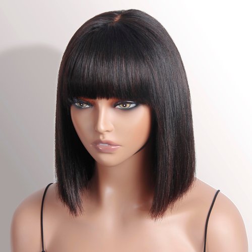 NOFEPR Human Hair Bob Wig With Bangs Light Yaki Straight Bang Bob Wigs Realistic Look HD Lace Glueless Wigs Blunt Cut Short Black Bob Wigs For Women Natural Color 180 Density 10 inch