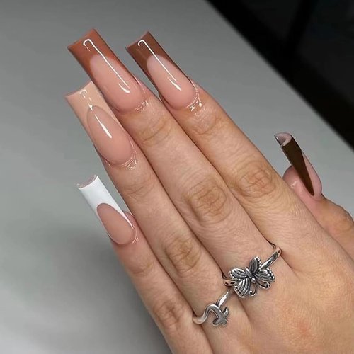 MISUD Fall Press on Nails Long Square Fake Nails Glossy Glue on Nails Brown French Tip Acrylic Nails Squoval Autumn Artificial Nails 3D Rhinestone Stick on False Nails with Design 24 pcs