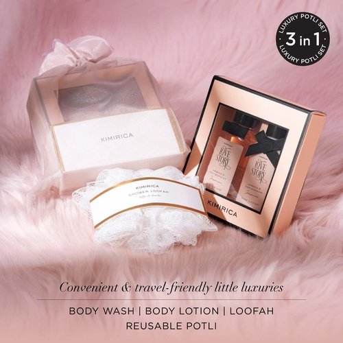 Kimirica Love Story Body Wash & Body Lotion Combo | Infused with Relaxing Aroma of Gardenia & Night Blooming Jasmine | Contains Shower Gel, Lotion, Loofah & A Reusable Potli