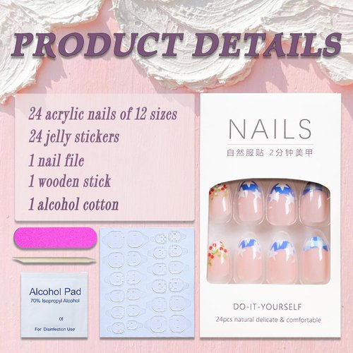 4th of July Press on Nails Short Almond French Tip Fake Nails Nude Pink Full Cover Floral Star Cherry Nails Tip False Nails with Designs Glossy Glue on Nails Summer Artificial Nails for Women Girls