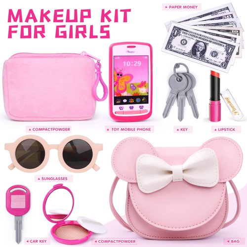 Pretend Play Toddler Girl Purse with Makeup Toys Set, Little Girls Purse Toys for 3 4 5 6 7 Year Old Girl Gifts, Kids Purse for Christmas, Birthday Gifts for Ages 3-5 4-5 6-8 Pink
