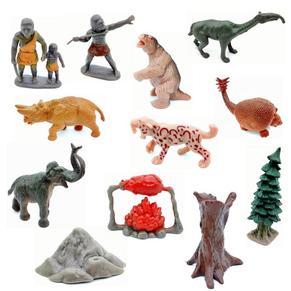 Qiandier Prehistoric Life Scene Toys Mammoth Saber-Toothed Tiger Wolf Figures Primitive Human Animal Playset 12 PCS
