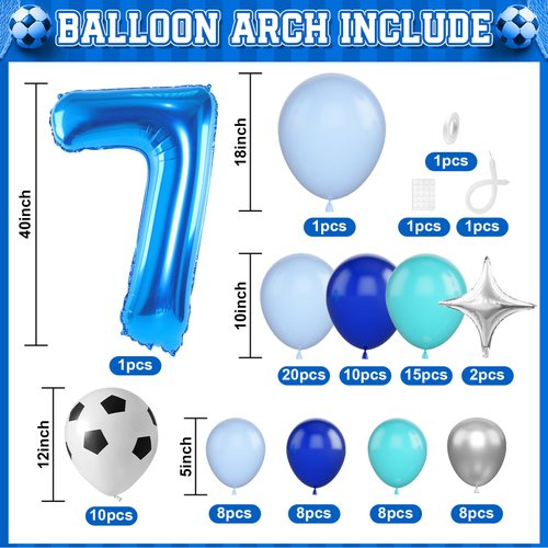 Soccer 7th Birthday Decorations for Boys, Royal Blue Teal Light Blue Balloon Garland Arch Kit with 40 Inch Blue Number 7 Balloon Tower, Soccer 7th Birthday Balloons for Kids Football Theme Party
