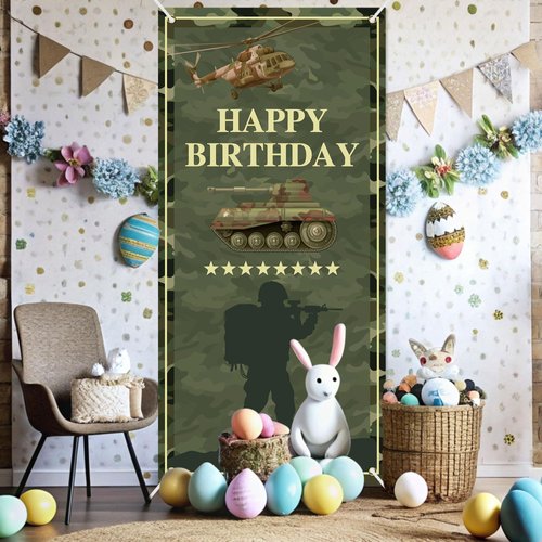Camo Happy Birthday Backdrop Banner Army Military Camouflage Theme Door Decor for Veterans Soliders Men Boys Birthday Party Favors Decorations Supplies 35.4x72.8in-BECKTEN