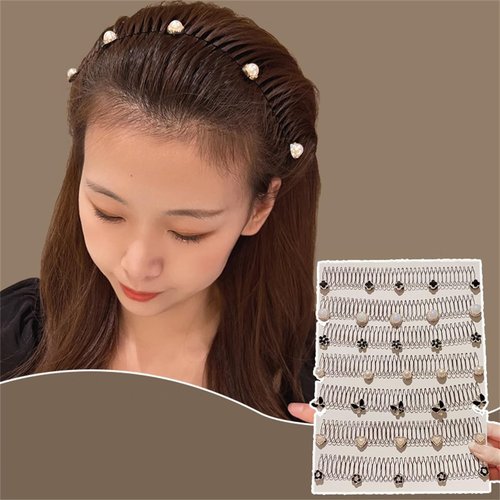 Bincout Meerore 4 PCS Metal Pearl Hair Band Headband Stretch Comb for Girls Women Elastic Stylish Sports Hairband Head Hoop with Non Slip Wavy Teeth A-#05