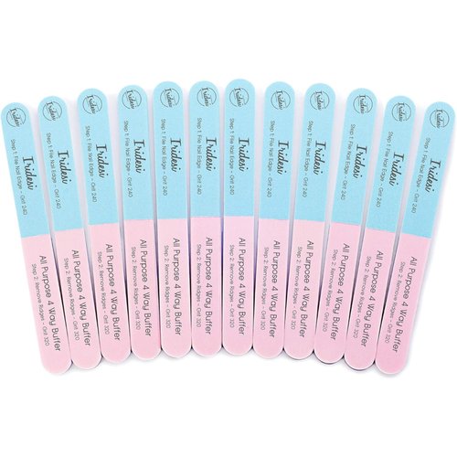 Iridesi 4 Way Finger Nail File and Buffer, Emery Boards for Natural Nails, 4 Fingernail Files in 1, Professional Filer Board and Shiners, 7 Inches Long, Salon Supplies Buffers Shine Kit, 12 Pack