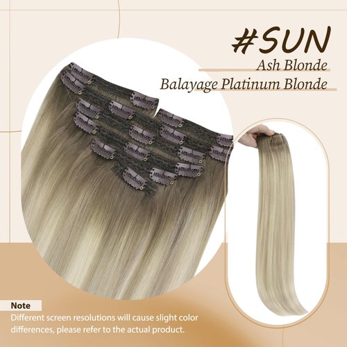 Sunny Ombre Clip in Hair Extensions Real Human Hair Clip in Remy Hair Extensions Ash Blonde Ombre Sunkissed Blonde Remy Clip in Human Hair Extensions Double Weft 120g 7pcs 18inch