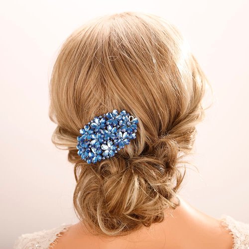 Jumwrit Shiny Rhinestone Hair Barrette Vintage Flower Hair Clip No Slip Ponytail Holder Slide Clip French Decorative Hair Accessories Hairpin Glitter Wedding Hair Jewelry for Women Girls(Blue 1)