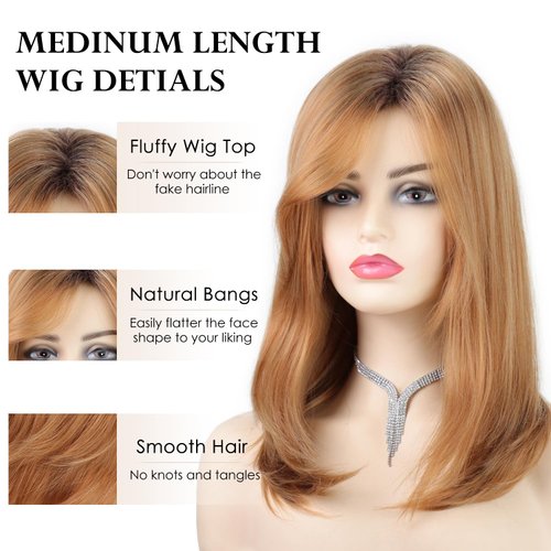 SEVENCOLORS Medium Length Strawberry Blonde Wigs for Women Layered Ombre Blonde Wig with Dark Roots Synthetic Hair Wigs for Daily Party Halloween