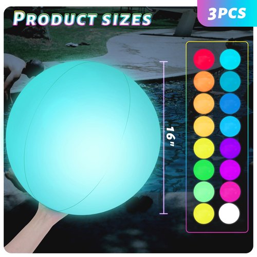 3 otters 3PCS Light Up Beach Balls, 16" Glow Pool Balls with Remote Control LED Beach Ball Inflatable Beach Toy for Kids Summer Parties Pool Decorations
