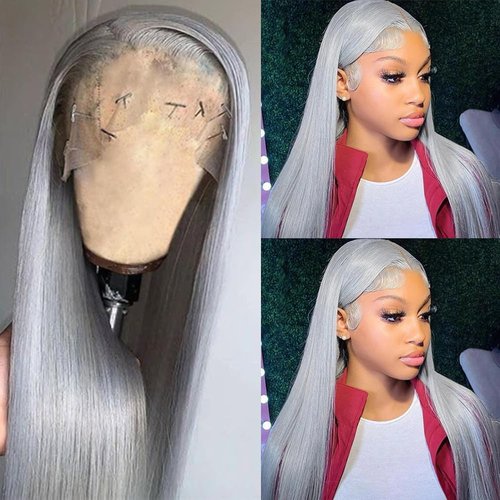 Smartinnov Grey Human Hair Wig Glueless 13x4 HD Transparent Lace Front Wigs Pre Plucked with Baby Hair 22 Inch Silky Straight 150% Density Brazilian Remy Hair Silver Grey Lace Frontal Wigs for Women