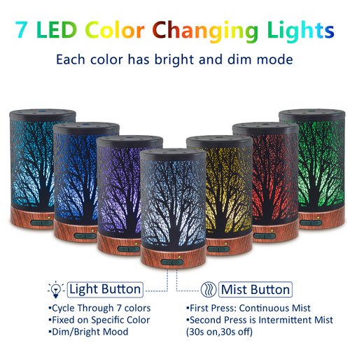 EQUSUPRO Essential Oil Diffuser 150ml Metal Aromatherapy Oil Diffuser Ultrasonic Cool Mist Diffuser with Auto Shut-Off Protection,7 Colors Changed LED for Home Office SPA Yoga