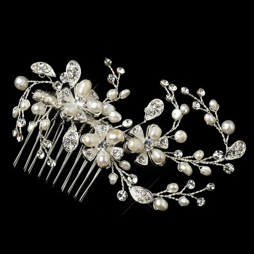 RaeBella Weddings Sparkling Silver Freshwater Pearl & Rhinestone Floral Bridal Hair Comb