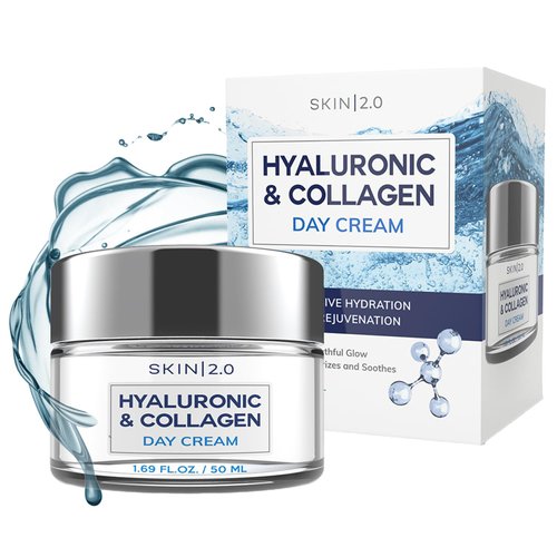 Skin 2.0 Hyaluronic Acid and Collagen Daily Face Moisturizer - Long-lasting Hydration & Moisture, Anti-aging, Hyaluronic Acid Cream - Cruelty Free Korean Skin Care For All Skin Types - 1.69 Fl. oz