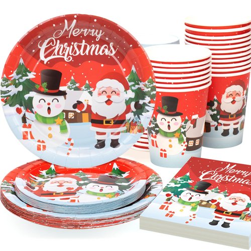 OTTPOOM 100 Pieces Christmas Paper Plates and Napkins Set Christmas Disposable Tableware Set Santa Claus Paper Plates Napkins Cups for Xmas Merry Christmas Party Supplies, Serves 25