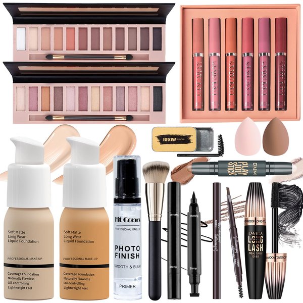YBUETE Full Makeup Set Kit for Women Girls Teens, Makeup Present Set, Foundation Face Primer, Eyeshadow Eyeliner Eyebrow Pencil Soap Mascara, Counter Stick Liquid Lipsticks, Brush & Sponges