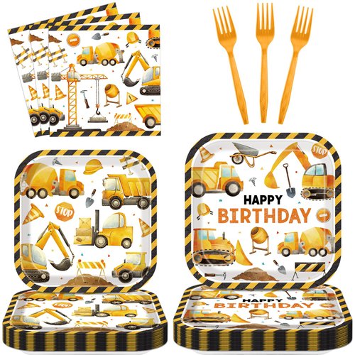 Construction Birthday Party Supplies Construction Theme Decorations Square Truck Construction Disposable Plates Napkins Tableware Set for Boys Kids Construction Birthday Party Favors Serves 24 Guests