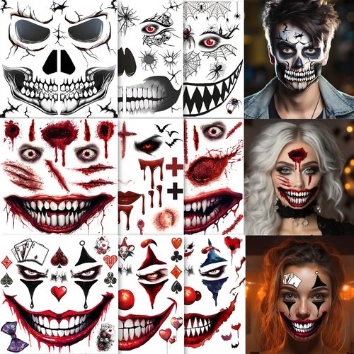 ENYACOS halloween face tattoos, skeleton clown face tattoo, big mouth tattoo, fake wound scar tattoos, zombie makeup kit, halloween prank makeup temporary tattoo (A)
