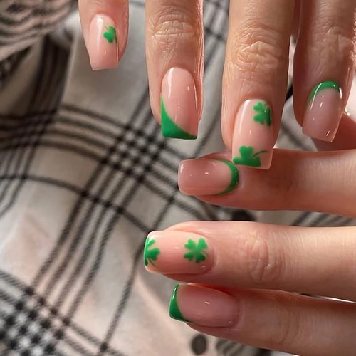 St. Patrick's Day Press on Nails Short Square Fake Nails Green False Nails with Shamrock Designs Green French Tip Glue on Nails Glossy Stick on Nails for Women and Girls 24Pcs