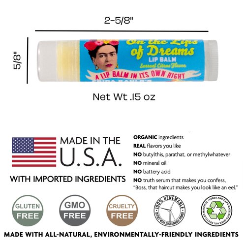 Frida Kahlo's On the Lips of Dreams Lip Balm Tube, Citrus Flavored - Cruelty-Free and Made in the USA from Natural and Imported Ingredients