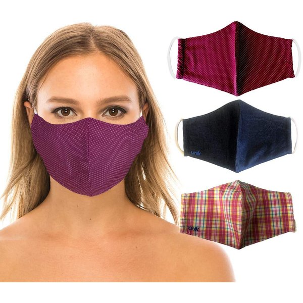 unik Cloth Face Covers, 3 Pack, Cotton 2 Layer, Washable, Reusable, Women -Burgundy Polka/Denim/Rose Plaid Adult Size