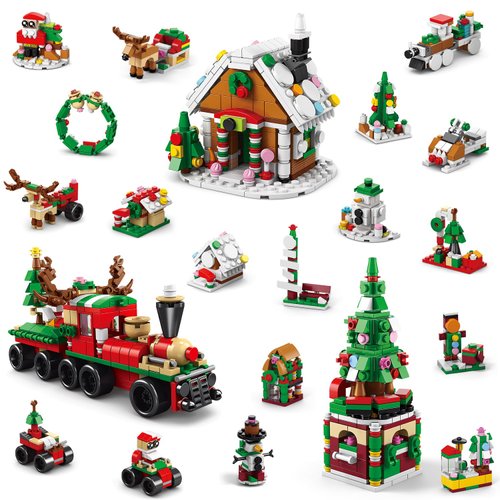 PinkBee Christmas Gingerbread House 2023 Mini Xmas Tree Building Block Set Creative Train 21-in-1 Ornament Toys Kits Micro Bricks for Adults Kids 8-12 6-12 7-9（909 Pcs）