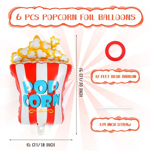 6 Pcs Popcorn Balloons,31 Inch Popcorn Foil Balloons for Kids,Carnival Party Decorations Movie Popcorn Balloon for Birthday Baby Shower Carnival Movie Night Themed Party Decorations (Red)