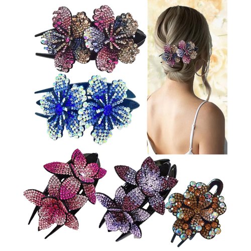 LJC-20 Hair Clip, 5 Pcs Double Flower Rhinestone Hair Clip, Elegant Hair Clips for Women, Crystal Hair Accessory for Thick Hair, Fancy Barrette Decoration, Curry Color