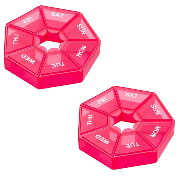 Weekly Pill Organizer, 2 Pack Portable Pill Box Medicine case 6 Colors (Seven Day) New Edition for Vitamin/Fish Oil/Pills/Supplements-Arthritis Friendly (Red)