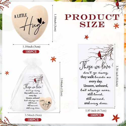Fulmoon 100 Sets Memorial Pocket Hug Wooden Heart Token Keepsake Pocket Hearts Charms Bulk for Family Funeral Gift with Organza Bags and Cardinal Greeting Cards Church Favors