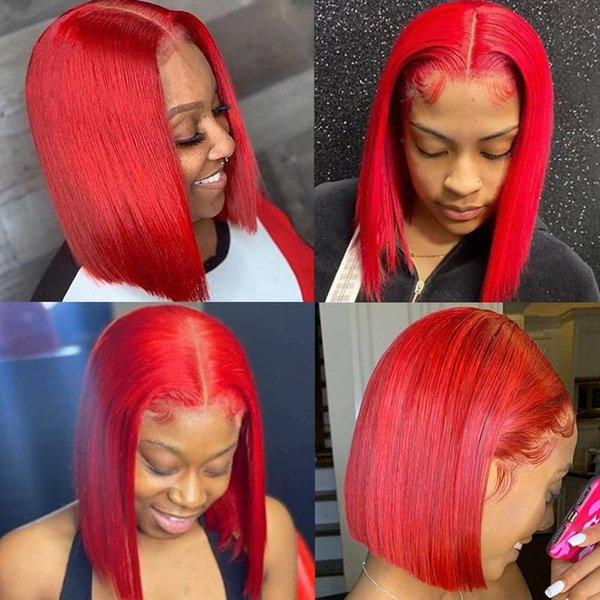 HD Transparent Pre Plucked 13X4 Straight Glueless Red Bob Wig Human Hair Lace Front Wigs With Baby Hair Natural Hairline 100% Unprocessed Human Hair Lace Frontal Blunt Cut Red Bob Wigs For Black Women
