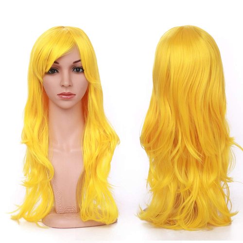 23 Inch Long Yellow Anime Cosplay Wig Synthetic Hair Curly Wavy Full Wigs with Bangs for Women Girls Lady Japanese Heat Resistant Fiber for Halloween Party Costume Wig