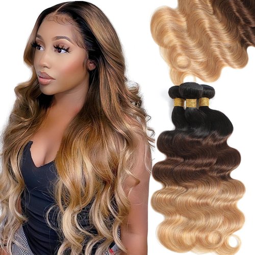 Ombre Brazilian Virgin Hair Body Wave Ombre Human hair 3 Tone,3 Bundles Ombre Brazilian Hair Extensions (T1B/4/27,14" 16" 18")