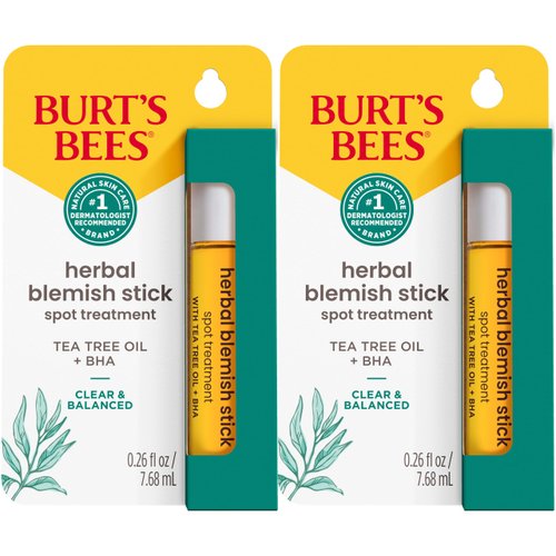 Burt’s Bees Skin Care Stocking Stuffers, Clear and Balanced Herbal Blemish Stick, with Tea Tree Oil, On-the-Go Acne Spot Treatment, Unclogs Pores, Use with Skincare Products, 2-Pack, 0.26 fl. oz.