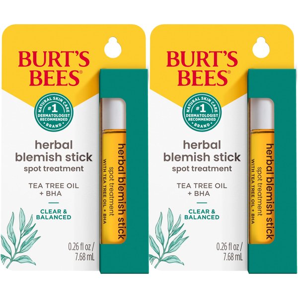 Burt’s Bees Skin Care Stocking Stuffers, Clear and Balanced Herbal Blemish Stick, with Tea Tree Oil, On-the-Go Acne Spot Treatment, Unclogs Pores, Use with Skincare Products, 2-Pack, 0.26 fl. oz.