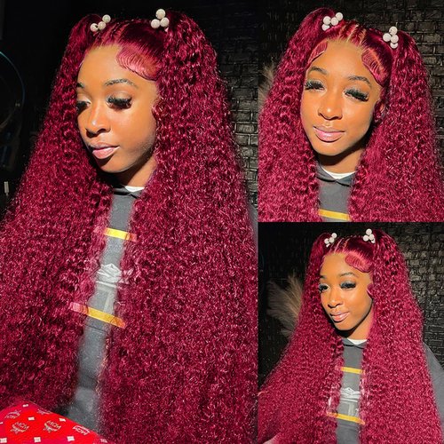 200 Density Curly Burgundy Lace Front Wigs Human Hair 13x4 99J Red Curly Lace Front Wig Human Hair HD Transparent Frontal Wig Colored Pre Plucked with Baby Hair Glueless Wigs (24 Inch, #99J Curly)