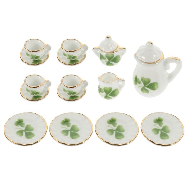 LOGOFUN Dollhouse Tea Cup Sets 1:12 Scale Miniature Porcelain Teapot Cup Dish Mini Flower Pattern Teapot Dish for Dollhouse Kitchen Accessories - Green