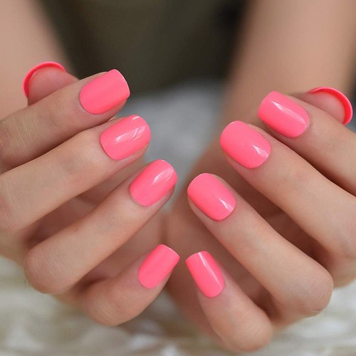 iMABC Glossy Watermelon Pink Press on Nails Full Cover Fake Nails Short Stick Glue on Finger Fals...