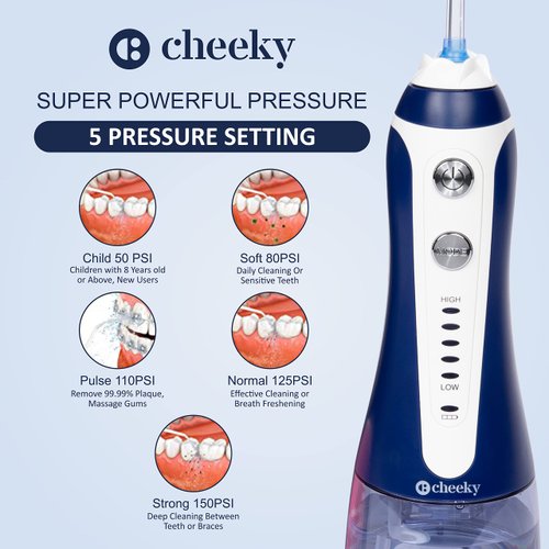 Cheeky Cordless Water Flosser with 5 Floss Heads, 5 Pressure Modes, and Rechargeable Battery, 300 mL Water Tank, Deep Tooth and Gum Cleaning