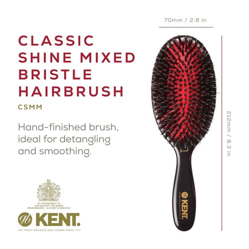 Kent CSMM Classic Shine Medium Oval Cushion Straightening Brush - Natural Black Boar Bristle Hair Brush with Nylon Quills - Shine Hair Brush and Scalp Scrubber for Shoulder to Mid Length Hair