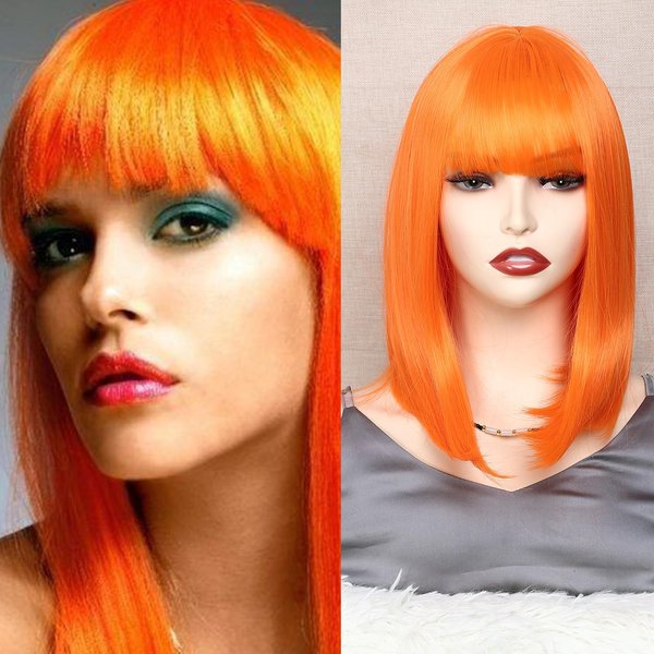 OTO BELLA 14 Inch Short Bob Wigs with Bangs, Straight Bob Wigs for Women Natural Looking, Synthetic Short Bob Wigs Heat Resistant Fiber Wigs for Daily Party Cosplay (Orange)