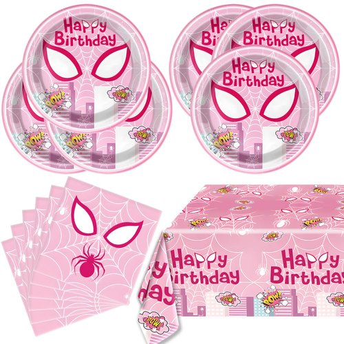 Pink Spider Party Tableware, Spider Pink Ghost 20 Plates 20 Paper Napkins and 51''x86'' Tablecloth，Super Girl Hero Birthday Party Supplies