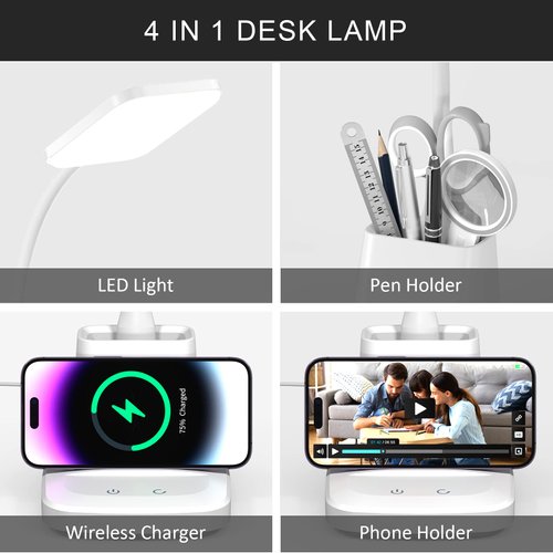 Vicsoon LED Desk Lamp with Wireless Charger for Home Office, Small with Pen Holder, 800LM,3 Color Modes,Gooseneck, Eye-Caring White Desk Lamps for Home College Dorm Room